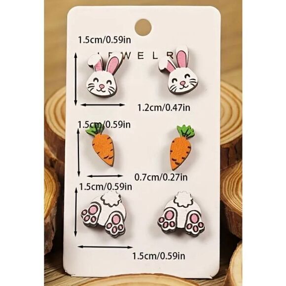 NEW 3 Pairs Of Easter Rabbits Carrots Wooden Stud Earrings - Picture 3 of 5